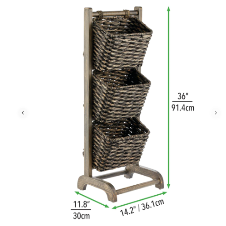 3 Tier Vertical Wood Standing Storage Basket Stand Organizer Tower with hyacinth basket