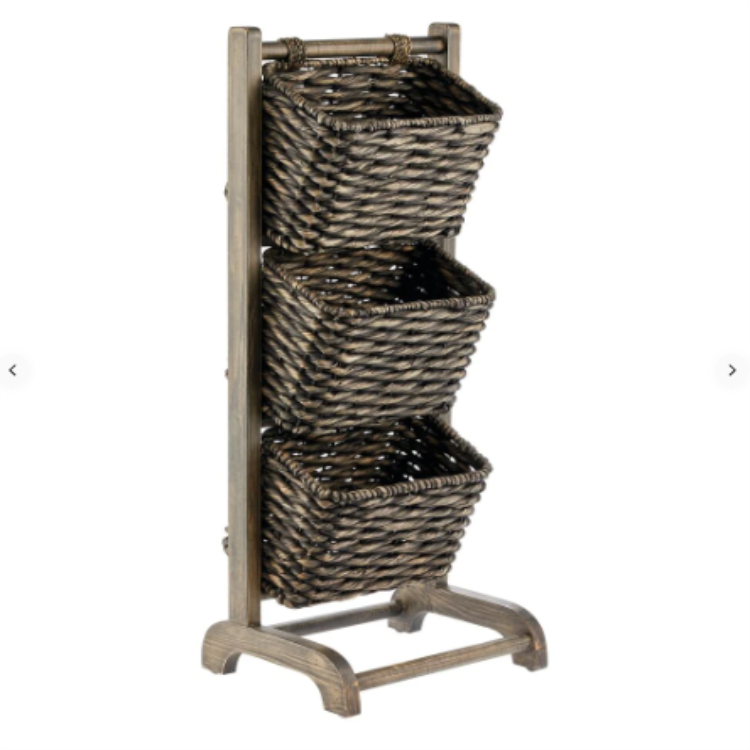 3 Tier Vertical Wood Standing Storage Basket Stand Organizer Tower with hyacinth basket