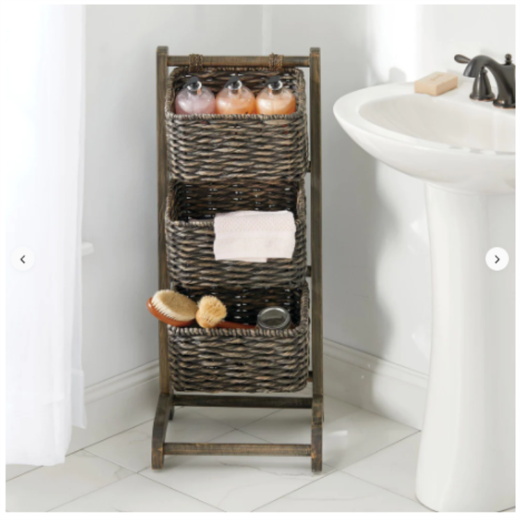 3 Tier Vertical Wood Standing Storage Basket Stand Organizer Tower with hyacinth basket