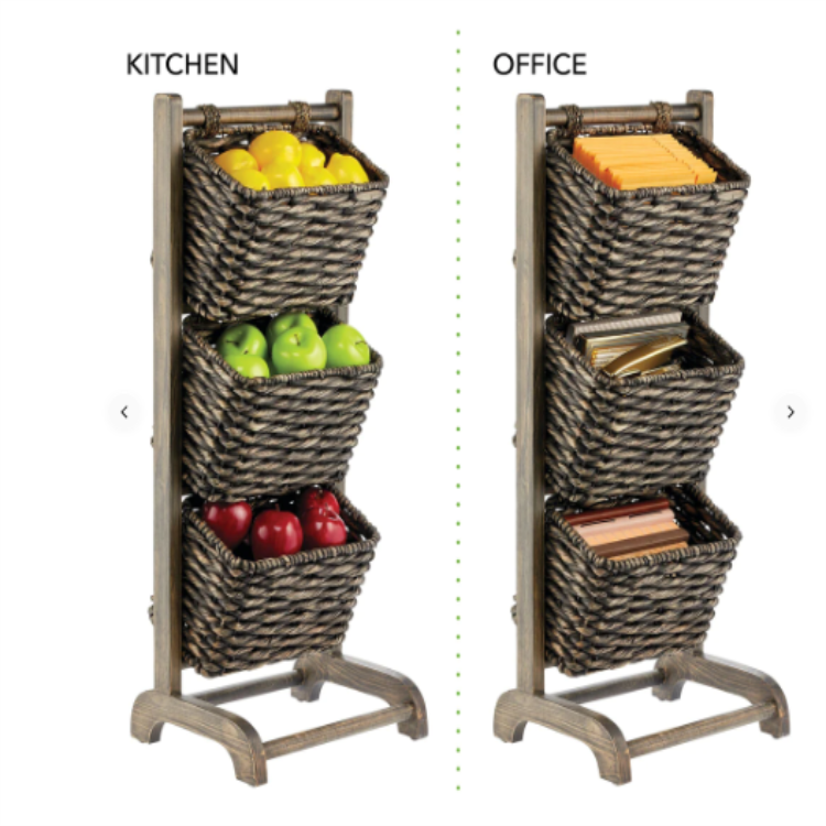 3 Tier Vertical Wood Standing Storage Basket Stand Organizer Tower with hyacinth basket