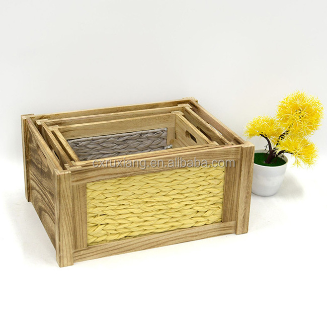 Antique wood and rope natural straw woven fruit basket storage bins wholesale