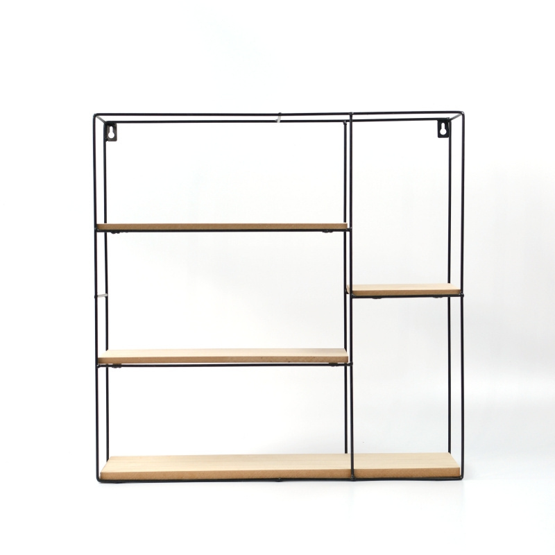 Metal frame wall mounted wood display rack storage shelf for bedroom