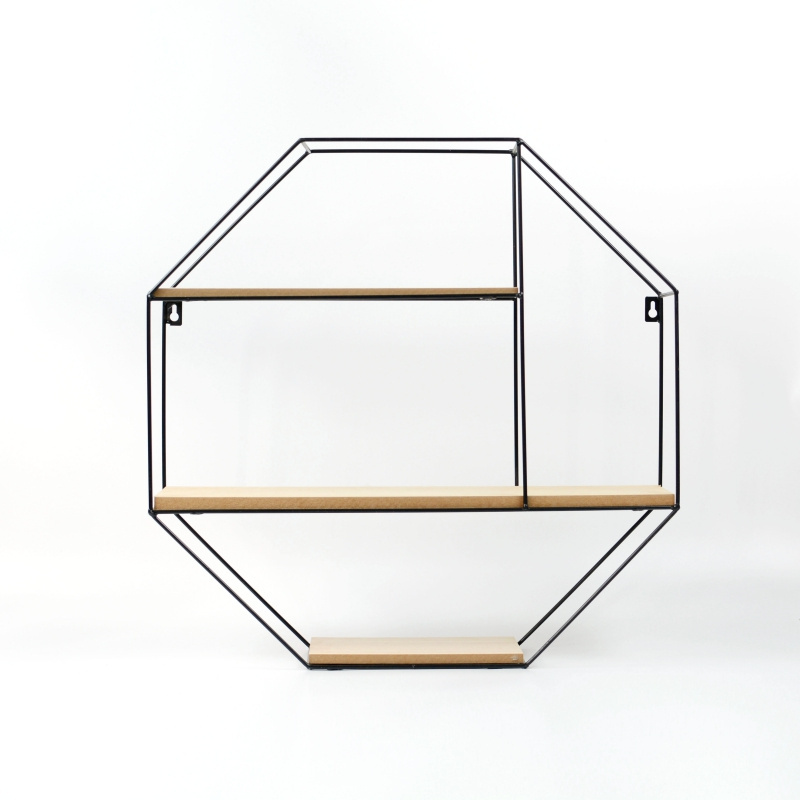 Octagon shape black wood metal wire  wall mounted storage shelves