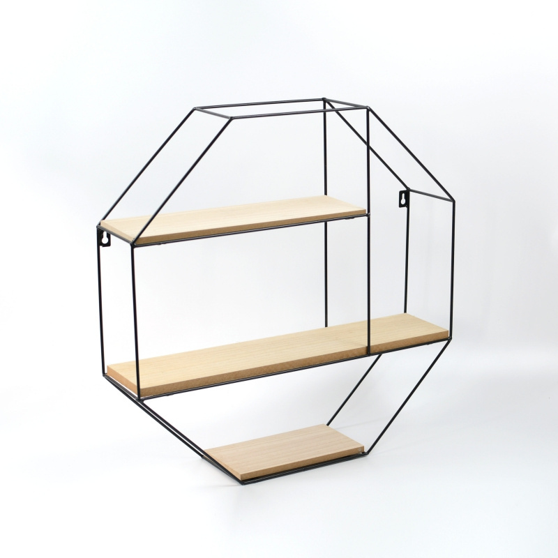 Octagon shape black wood metal wire  wall mounted storage shelves