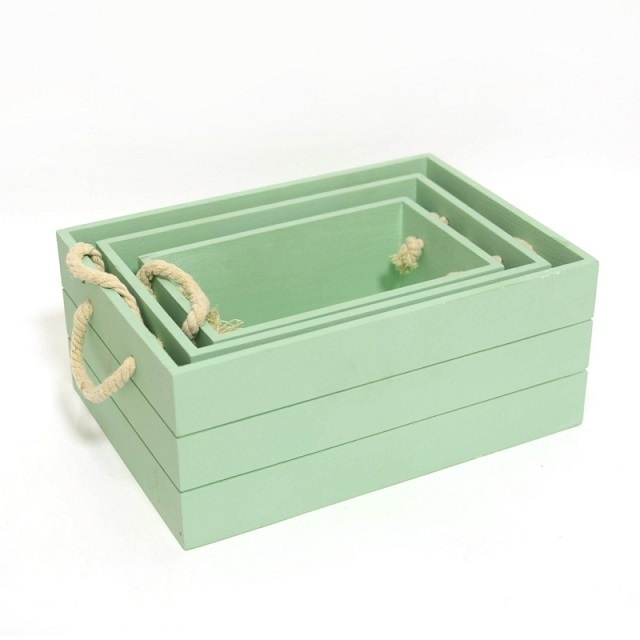 Green paulownia small wooden crate box with rope handles