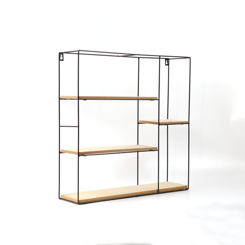 Metal frame wall mounted wood display rack storage shelf for bedroom