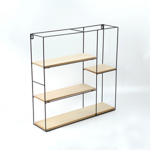 Metal frame wall mounted wood display rack storage shelf for bedroom