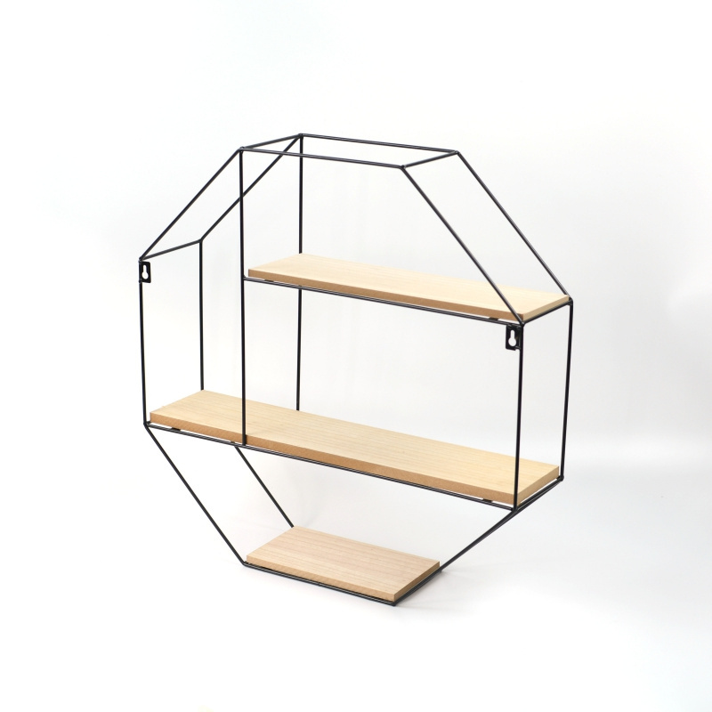 Octagon shape black wood metal wire  wall mounted storage shelves