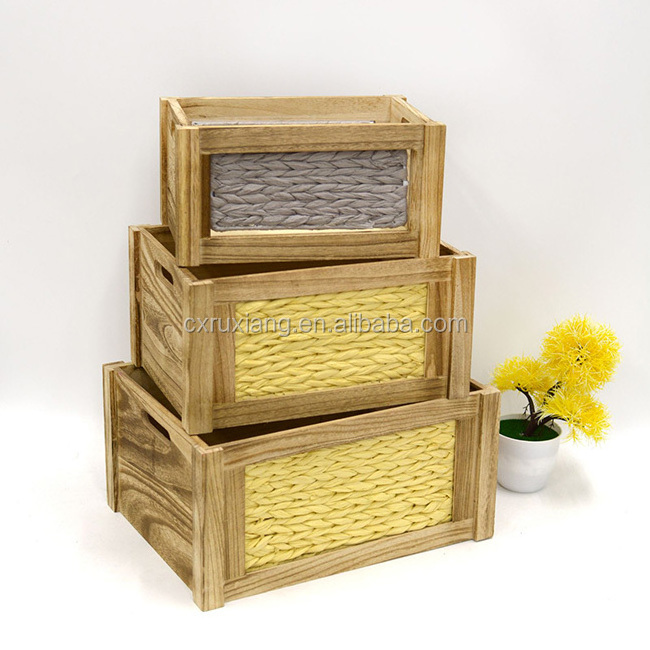 Antique wood and rope natural straw woven fruit basket storage bins wholesale