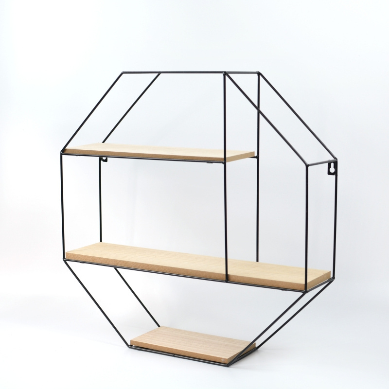 Octagon shape black wood metal wire  wall mounted storage shelves