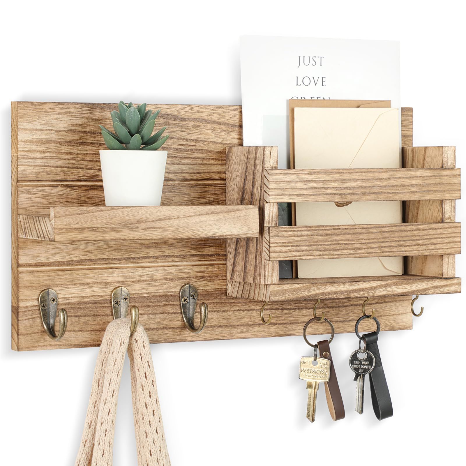 Key Holder for Wall, Decorative Key and Mail Holder with Shelf Has Large Key Hooks for Bags, Coats Paulownia Wood Key Hanger w