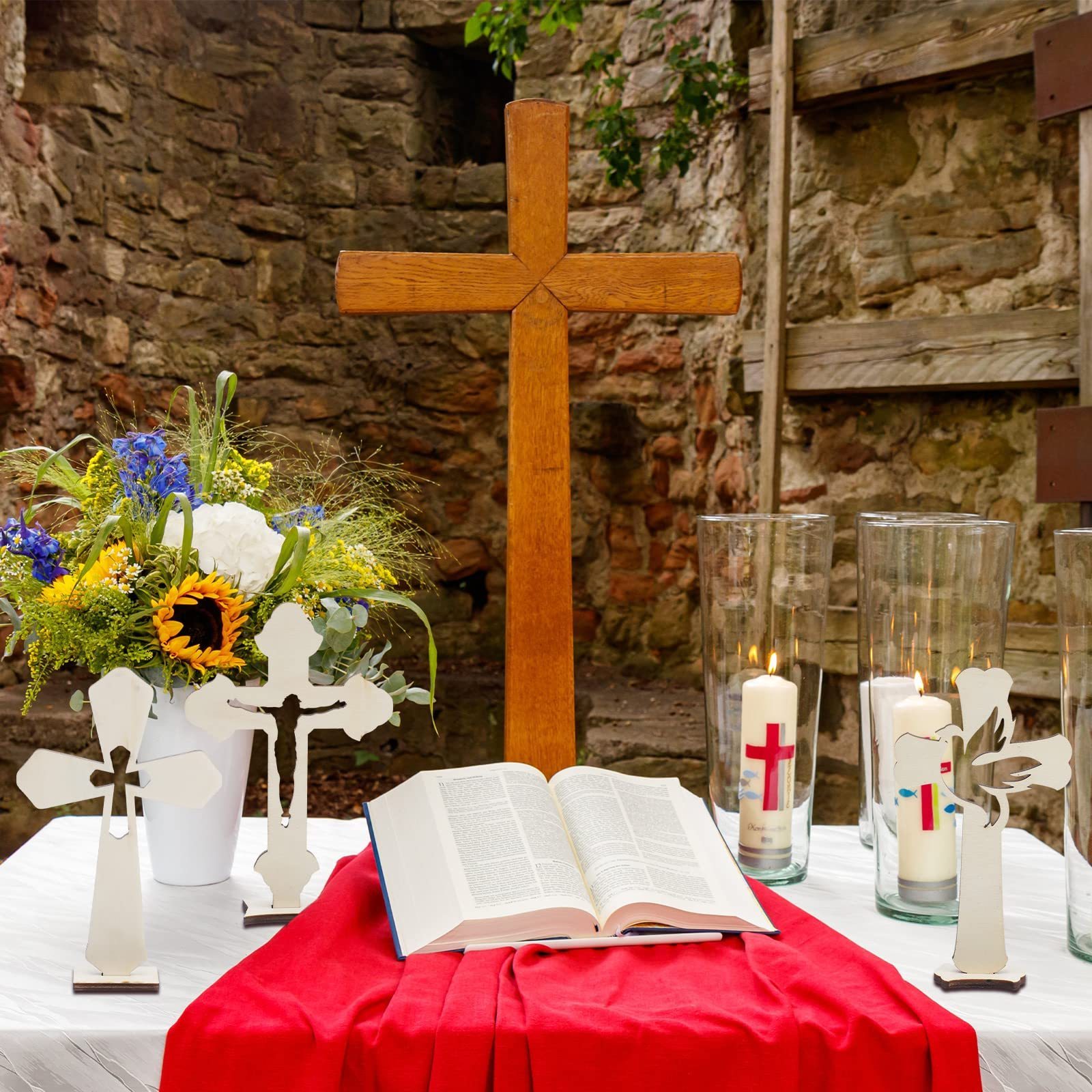 Small Baptism Decor Rustic Standing Cross for Table First Communion,Wooden Cross Catholic Wood Crosses for Crafts