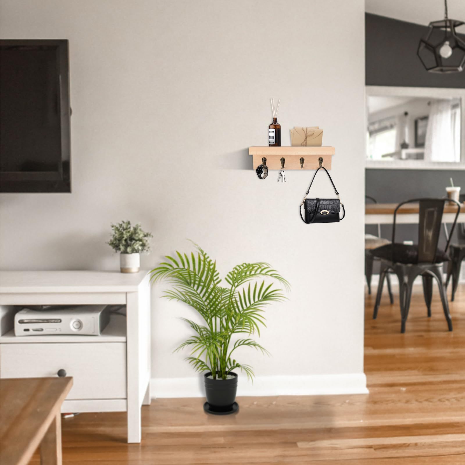 Farmhouse Wall Shelf with 4 Hooks, Wall Mounted Key Racks, Wooden Mail Organizer with Hooks for Entryway