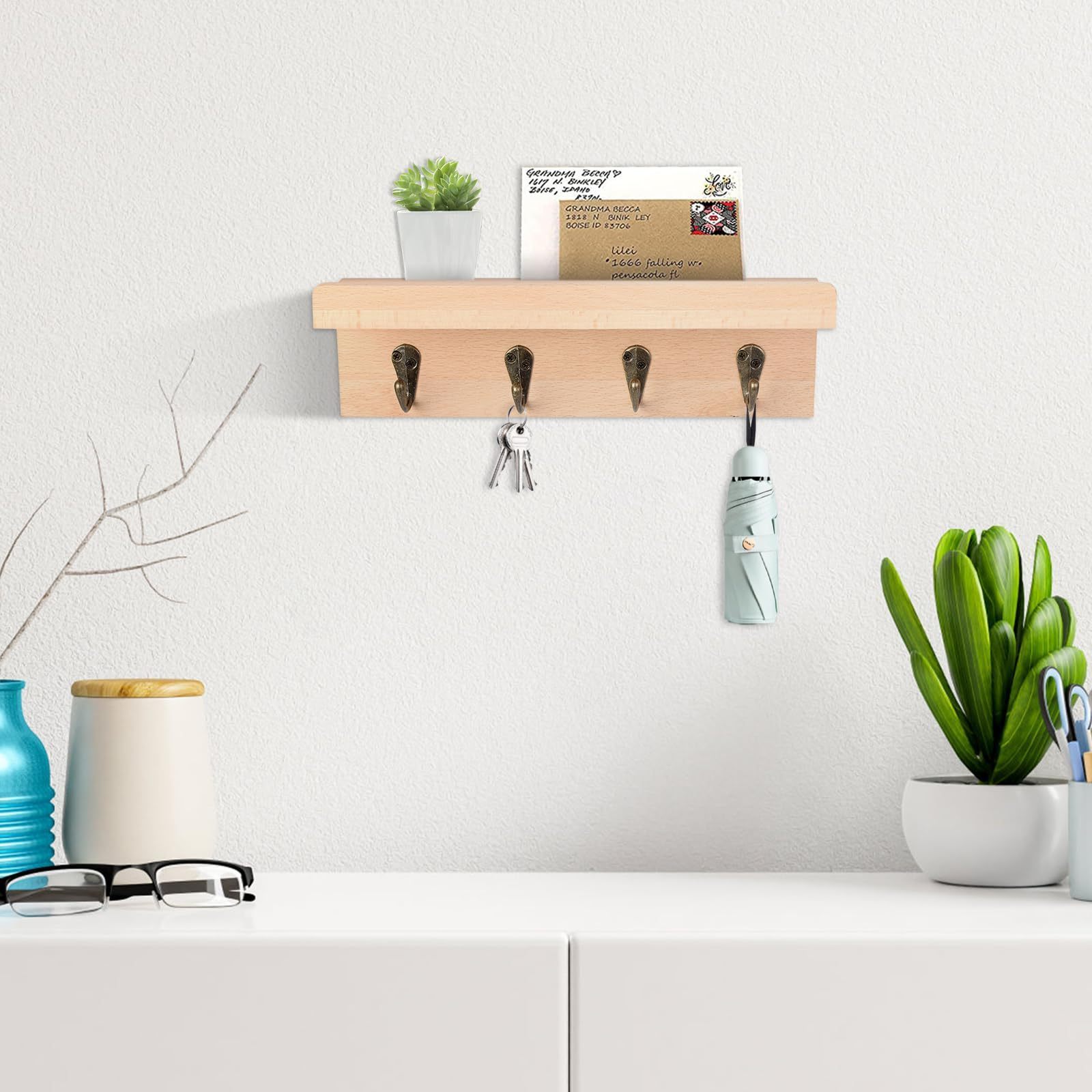 Farmhouse Wall Shelf with 4 Hooks, Wall Mounted Key Racks, Wooden Mail Organizer with Hooks for Entryway