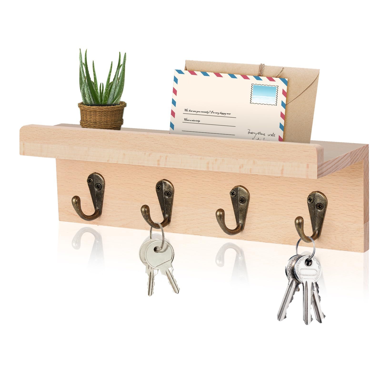 Farmhouse Wall Shelf with 4 Hooks, Wall Mounted Key Racks, Wooden Mail Organizer with Hooks for Entryway