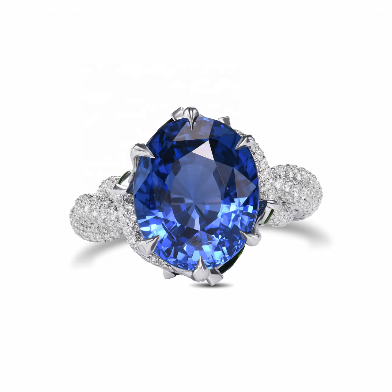 Unique Design 14k 18K Solid White Gold Extraordinary No Heat Oval Cut Sapphire Diamond Side Stone Ring