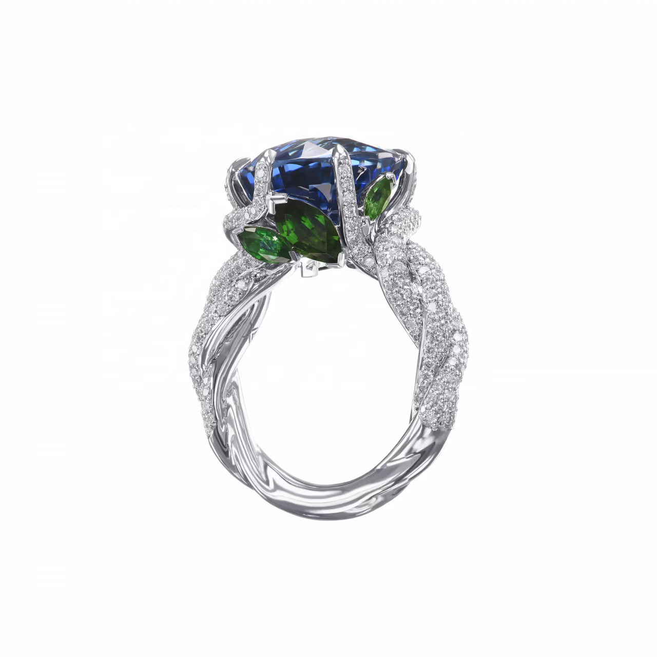 Unique Design 14k 18K Solid White Gold Extraordinary No Heat Oval Cut Sapphire Diamond Side Stone Ring