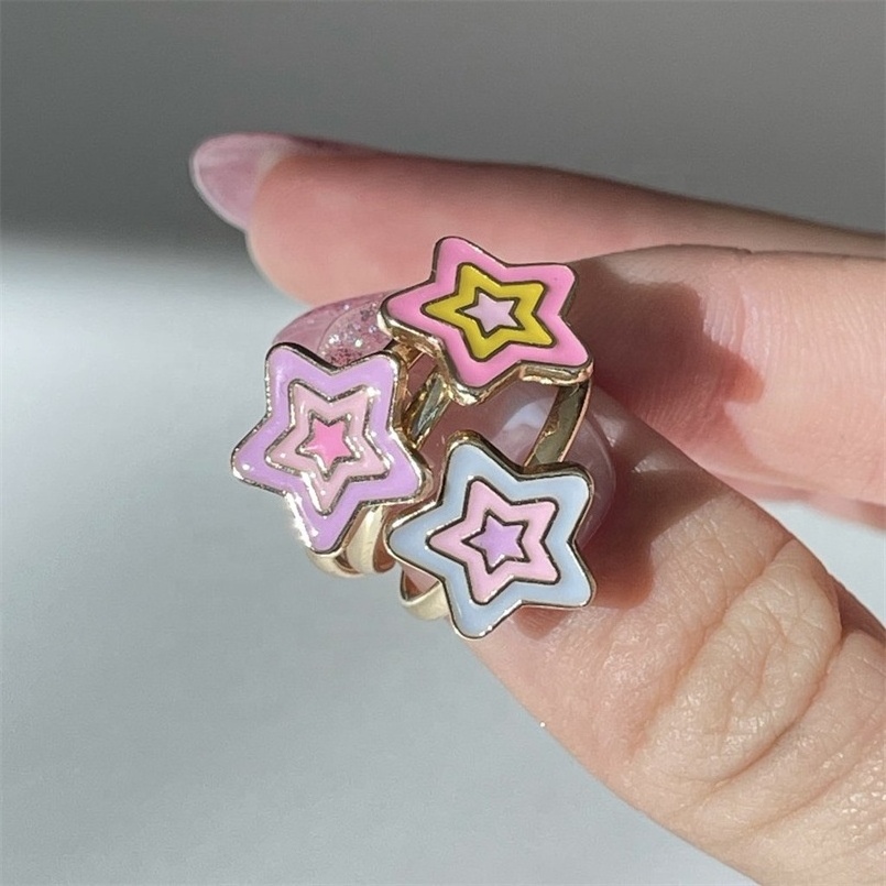 Fashion Jewelry Brass Material 14k Gold Plated Open Star Enamel Ring for Lady