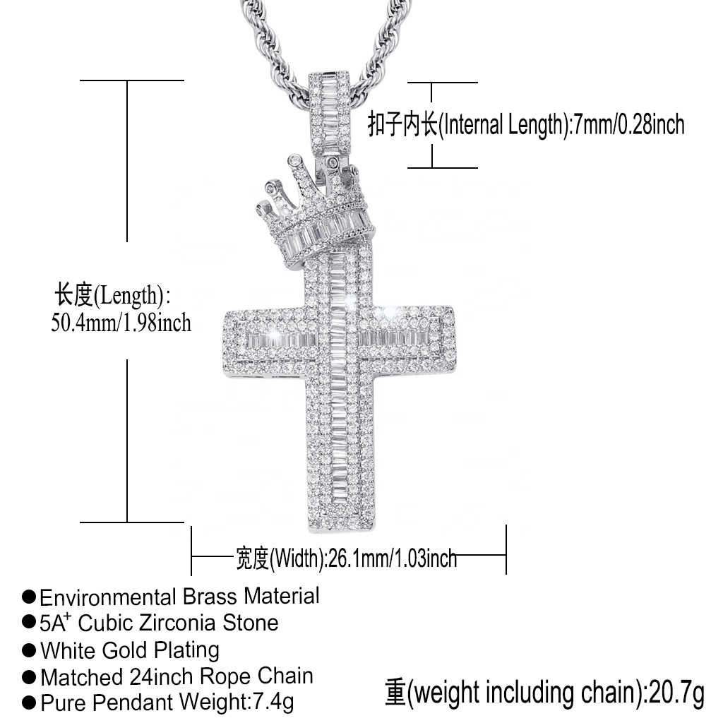 18k Yellow Gold Plated Iced Out CZ Diamond Hip Hop Christ Necklace Crown Cross Pendant