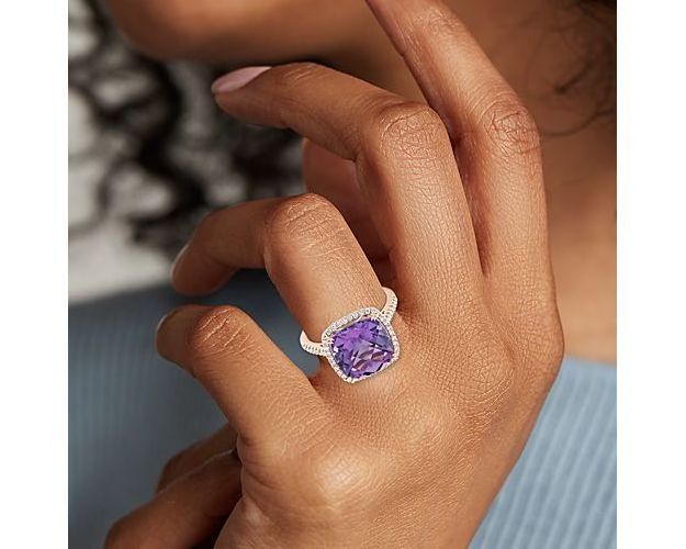 Classic Designs Wedding Jewelry 14k 18k Rose Gold Cushion Cut Amethyst Diamond Halo Cocktail Ring