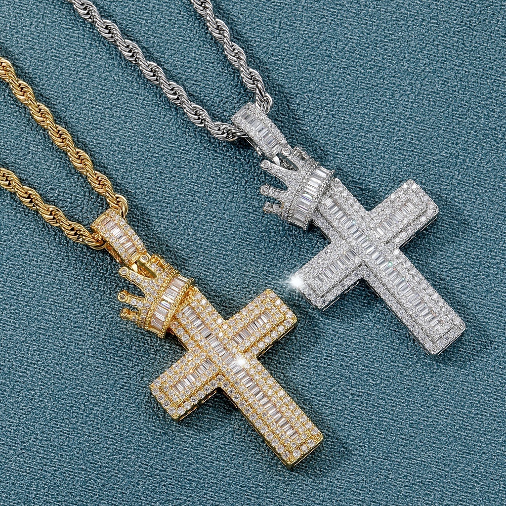 18k Yellow Gold Plated Iced Out CZ Diamond Hip Hop Christ Necklace Crown Cross Pendant