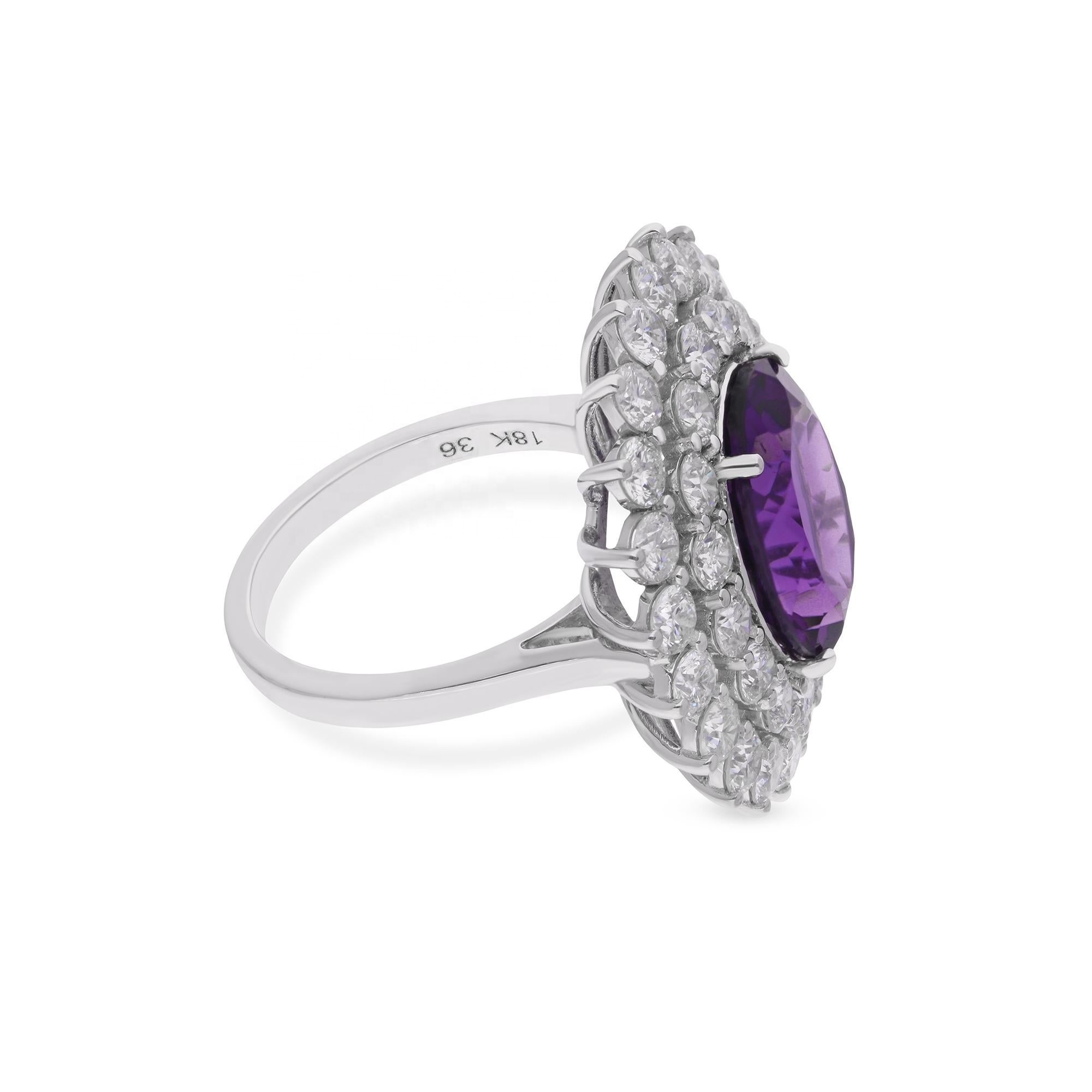 Custom Jewelry 14 Karat White Gold Handmade Diamond Oval Cut Amethyst Gemstone Cocktail Ring