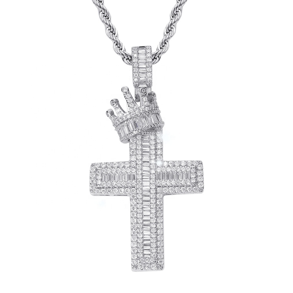 18k Yellow Gold Plated Iced Out CZ Diamond Hip Hop Christ Necklace Crown Cross Pendant