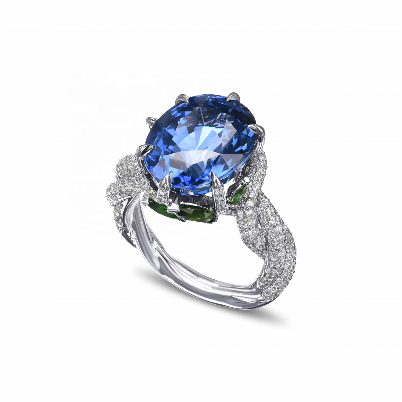 Unique Design 14k 18K Solid White Gold Extraordinary No Heat Oval Cut Sapphire Diamond Side Stone Ring