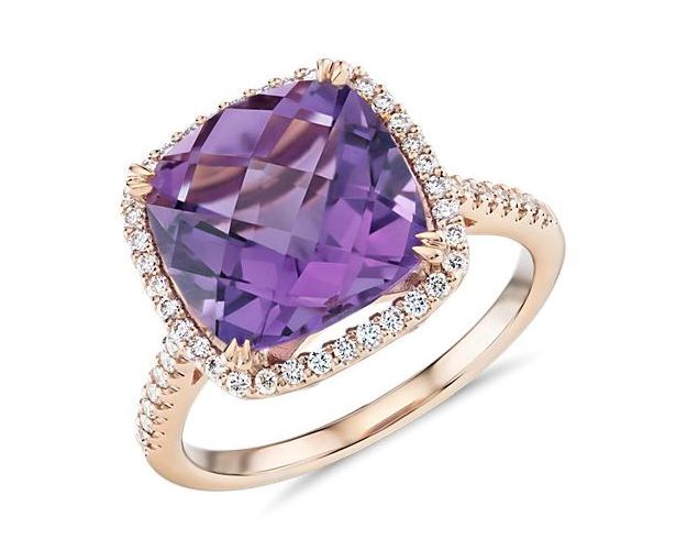 Classic Designs Wedding Jewelry 14k 18k Rose Gold Cushion Cut Amethyst Diamond Halo Cocktail Ring