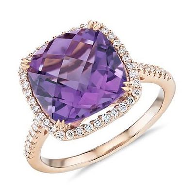 Classic Designs Wedding Jewelry 14k 18k Rose Gold Cushion Cut Amethyst Diamond Halo Cocktail Ring