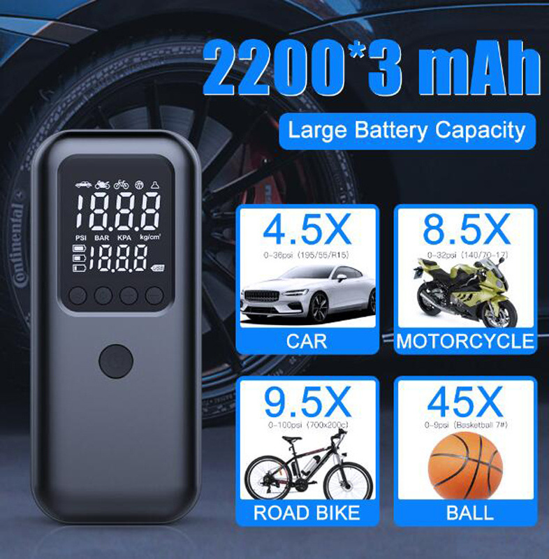 Two power supply cordless or corded rechargeable digital mini tire tyre inflators portable battery car air pump compressor