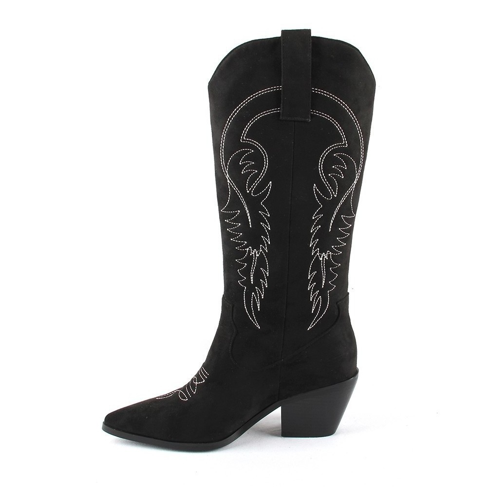 Women Embroidered Cowboy Cowgirl Midi Calf Boots Plus Size Slip-on Black Brown Color Booties Pointy Toe Block Heel Femme Shoes