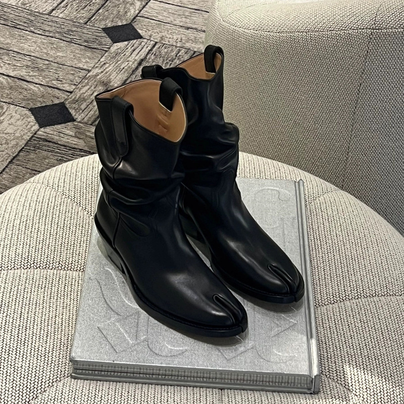 2023 Women's Western Vintage Chunky Slouchy Slip-on Split Toe Boots Black Mid-Calf Boots Half-Tube Booties for Women Women Shoes