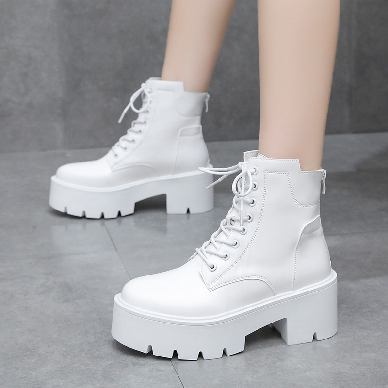 Fashion White Black Boots For Women Minimalist Lace-up Front Combat Boots Ankle Flat Heel Round Toe Combat Boots for Women