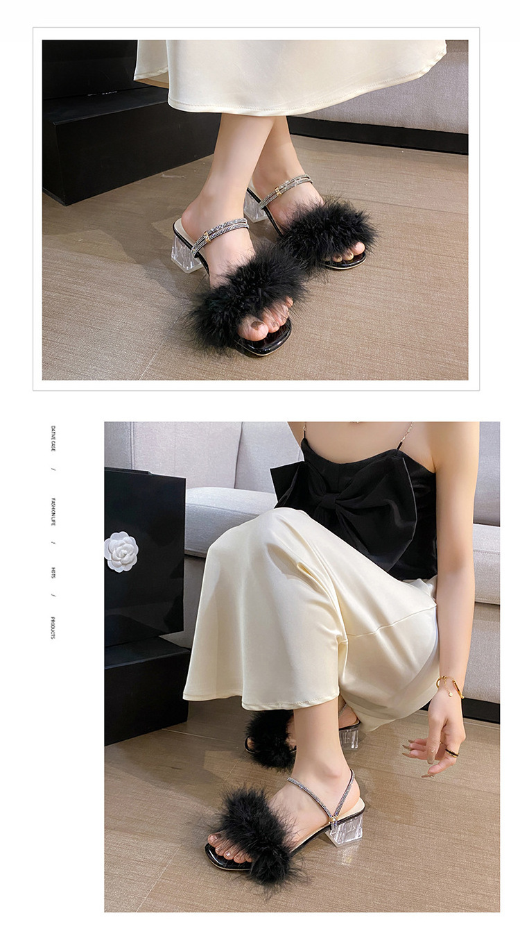 Women's Feather Fur Fluffy High Heel Mule Sandals Open Round Toe Wedge Heels Wedding Bridal Party Slide Shoes Women's High Heels