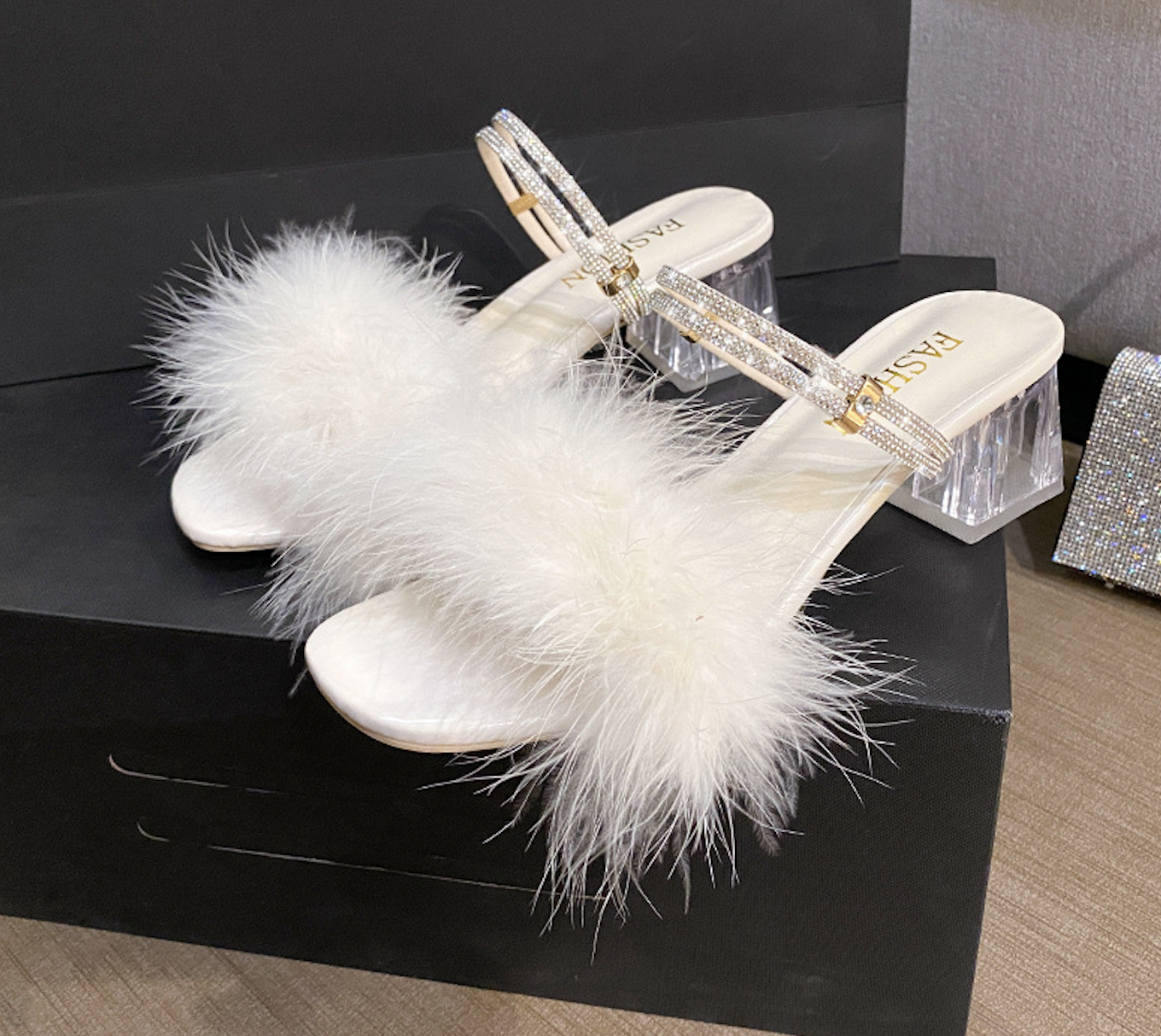 Women's Feather Fur Fluffy High Heel Mule Sandals Open Round Toe Wedge Heels Wedding Bridal Party Slide Shoes Women's High Heels