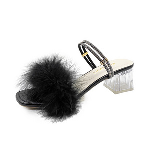 Women's Feather Fur Fluffy High Heel Mule Sandals Open Round Toe Wedge Heels Wedding Bridal Party Slide Shoes Women's High Heels