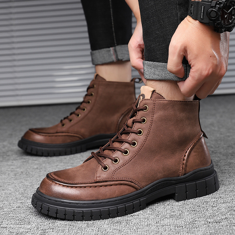 Men Vintage Ankle Martin Boots Shoes Cowhide Round Toe Shoes Lace-up Leisure British-style Martin Boots Hike Men Footwear Shoes