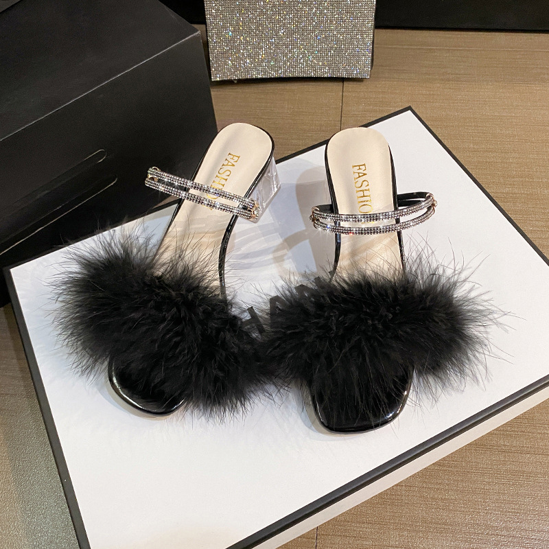 Women's Feather Fur Fluffy High Heel Mule Sandals Open Round Toe Wedge Heels Wedding Bridal Party Slide Shoes Women's High Heels