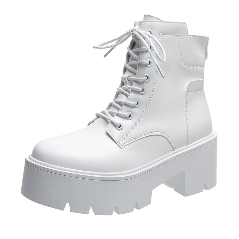 Fashion White Black Boots For Women Minimalist Lace-up Front Combat Boots Ankle Flat Heel Round Toe Combat Boots for Women