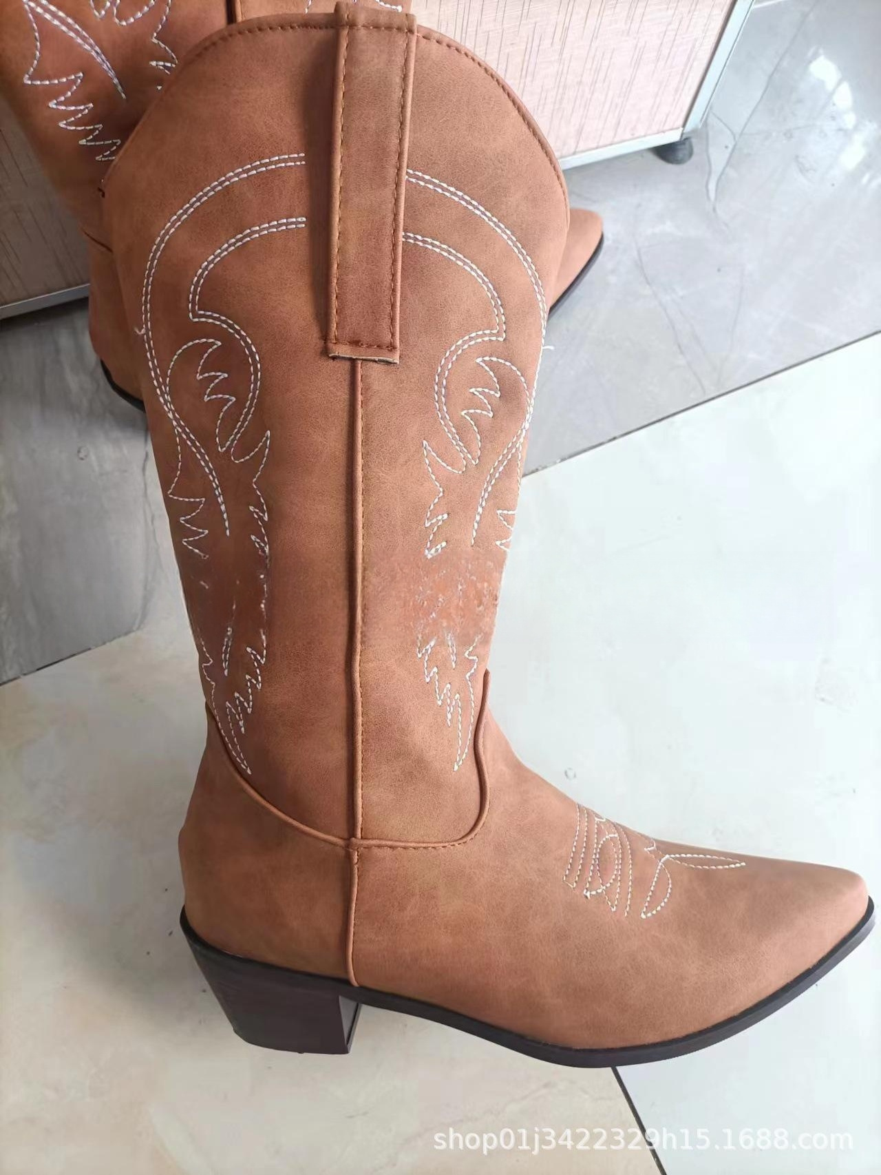 Women Embroidered Cowboy Cowgirl Midi Calf Boots Plus Size Slip-on Black Brown Color Booties Pointy Toe Block Heel Femme Shoes