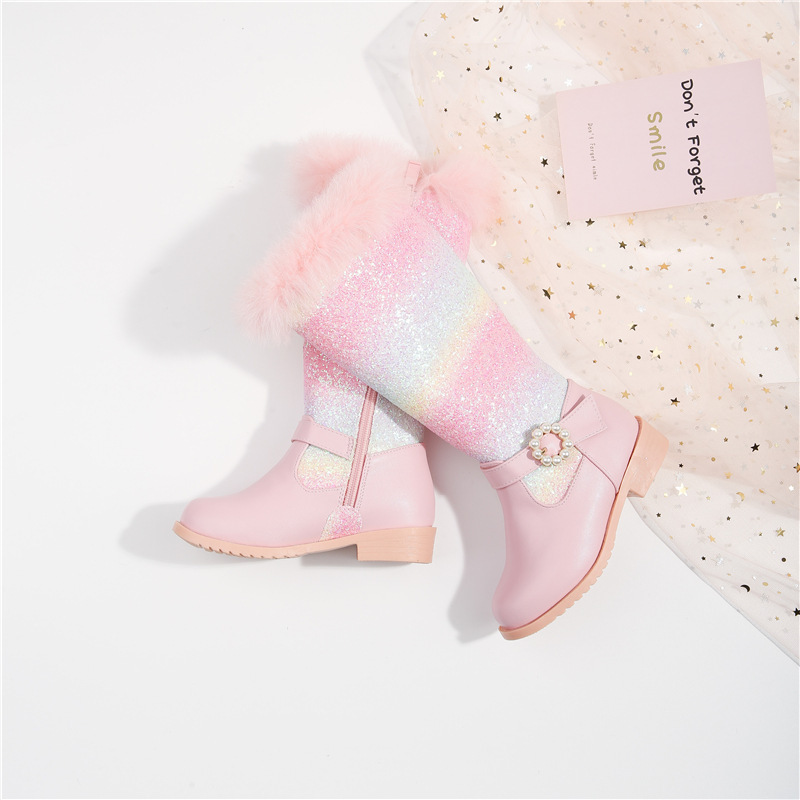 Kids Fur  Boots Girls Winter Ankle Boots Footwear Warm Plush Lining Booties Footwear Shoes Block Low Heel Winter Boots For Girls