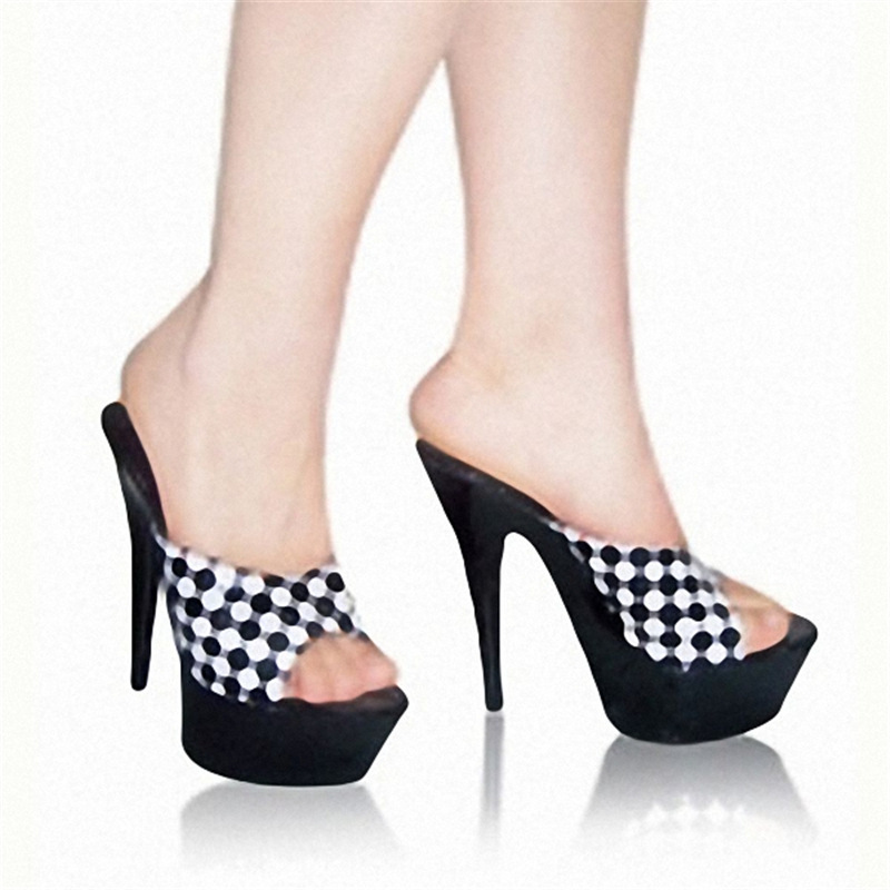 Checkered Pattern Thin Heeled Mule Sandals Women's Slip-on High Platform Dancer Pumps Female Pole Dance Summer Sexy High Heels