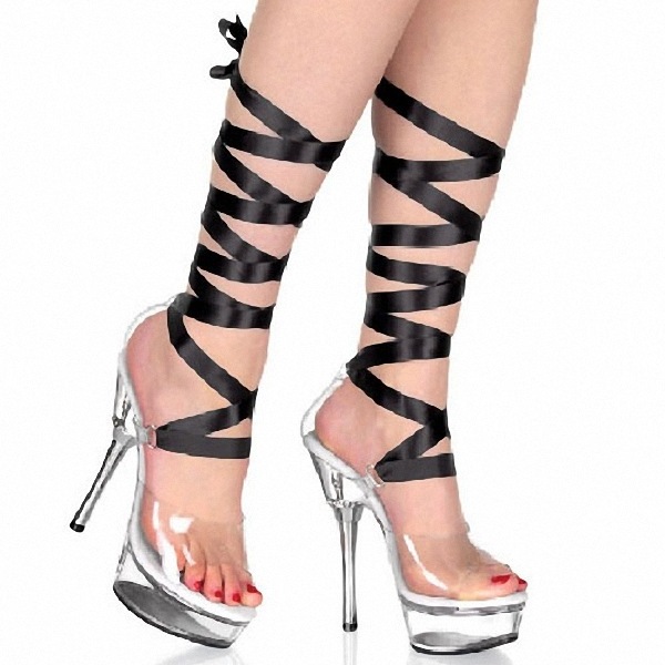 Sexy Platform Ribbons Leg Bandage Sandals Boots Transparent Crystal High Heels Peep Toe Lace-Up Woman Summer Boots Femme Heels