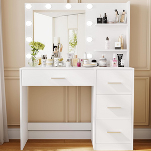 Latest Nordic Wooden Dressing Table with LED Mirror Smart Princess Makeup Vanity with Storage Drawers