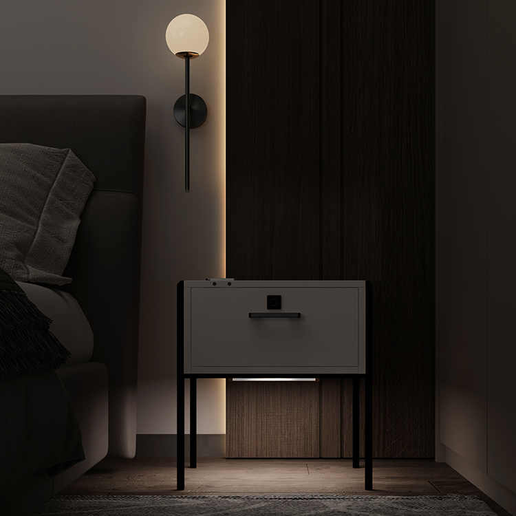 Multi function fingerprint bedside table with LED light wireless charge nightstand