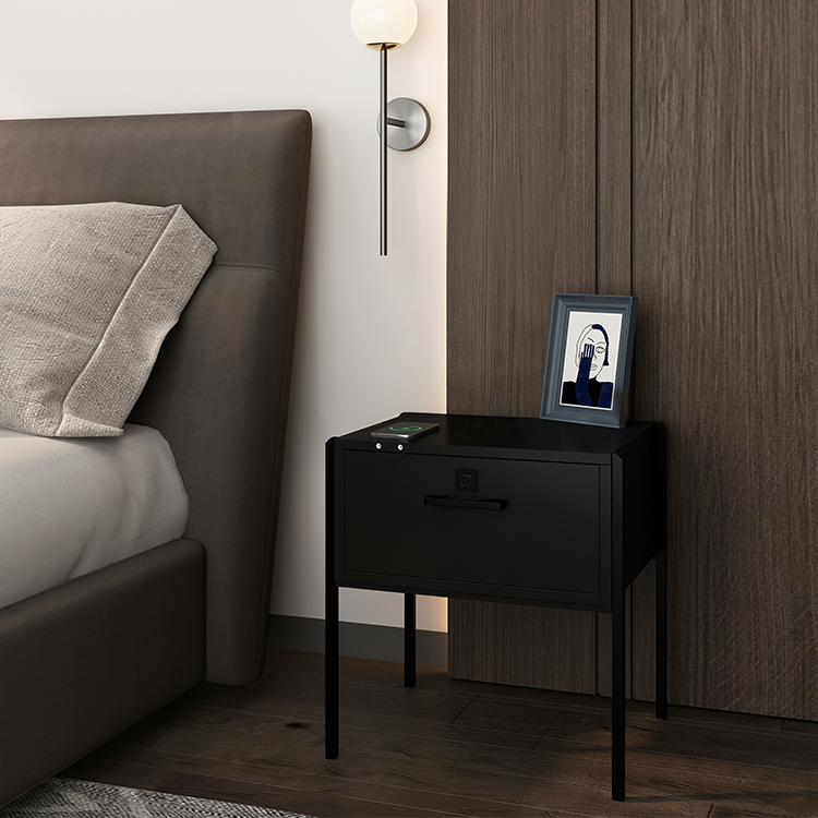 Multi function fingerprint bedside table with LED light wireless charge nightstand