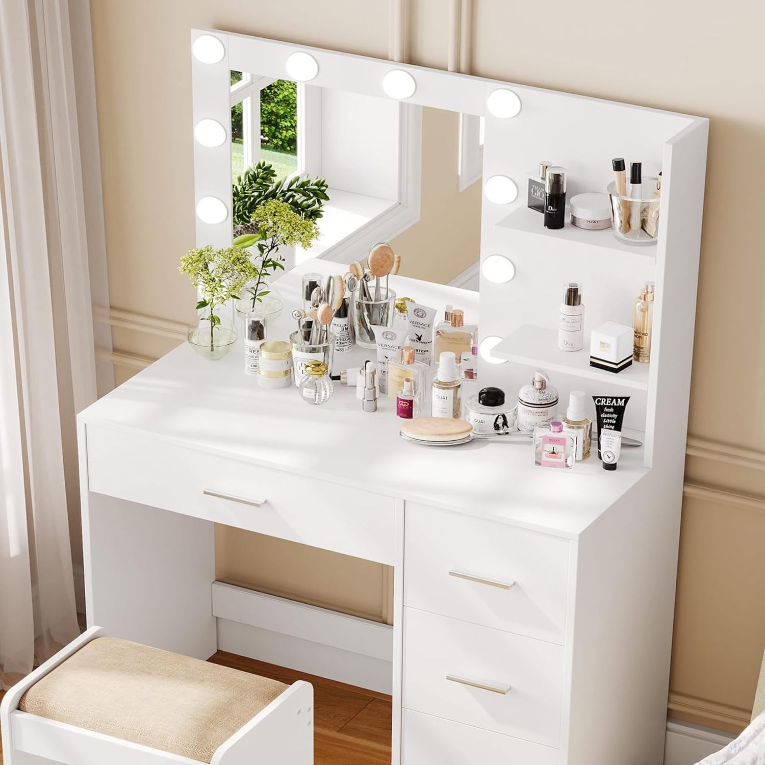 Latest Nordic Wooden Dressing Table with LED Mirror Smart Princess Makeup Vanity with Storage Drawers