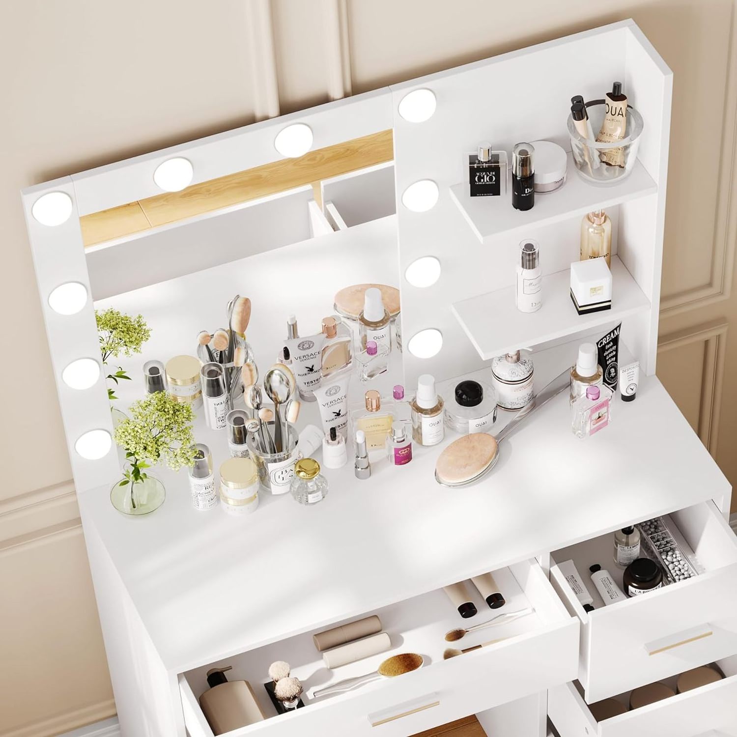 Latest Nordic Wooden Dressing Table with LED Mirror Smart Princess Makeup Vanity with Storage Drawers