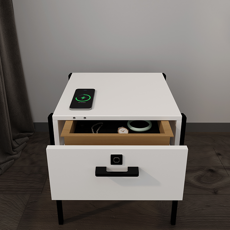 Multi function fingerprint bedside table with LED light wireless charge nightstand